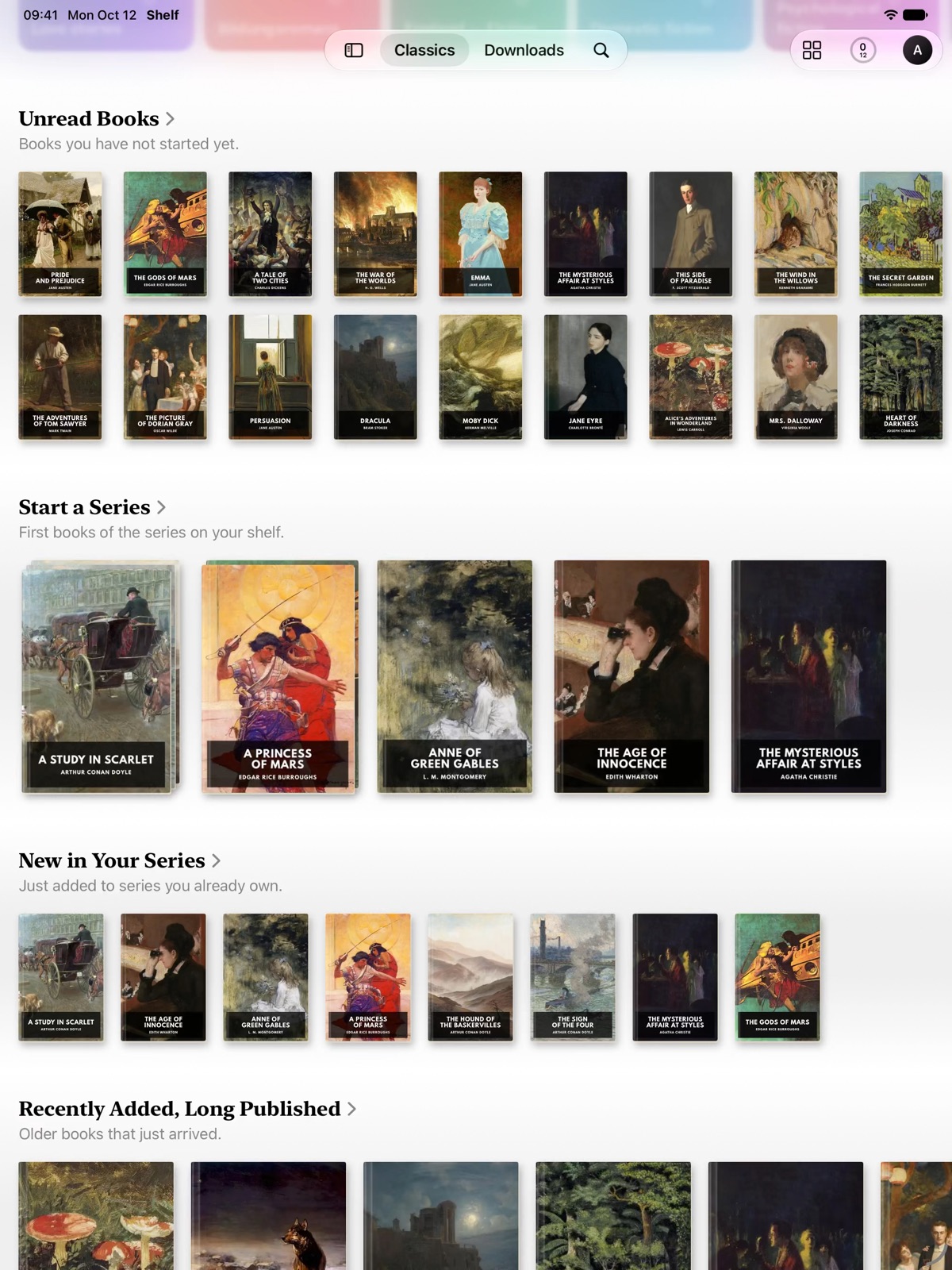 Shelf on iPad: unread books, series and recently added