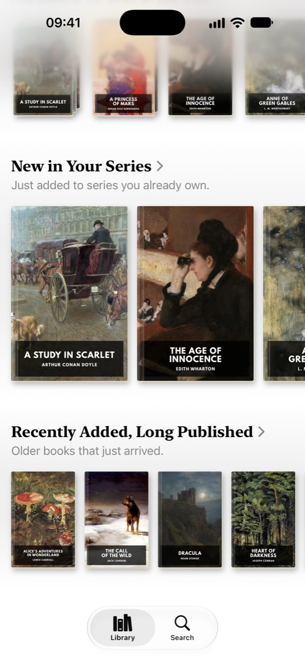 Rails of books by series and genre